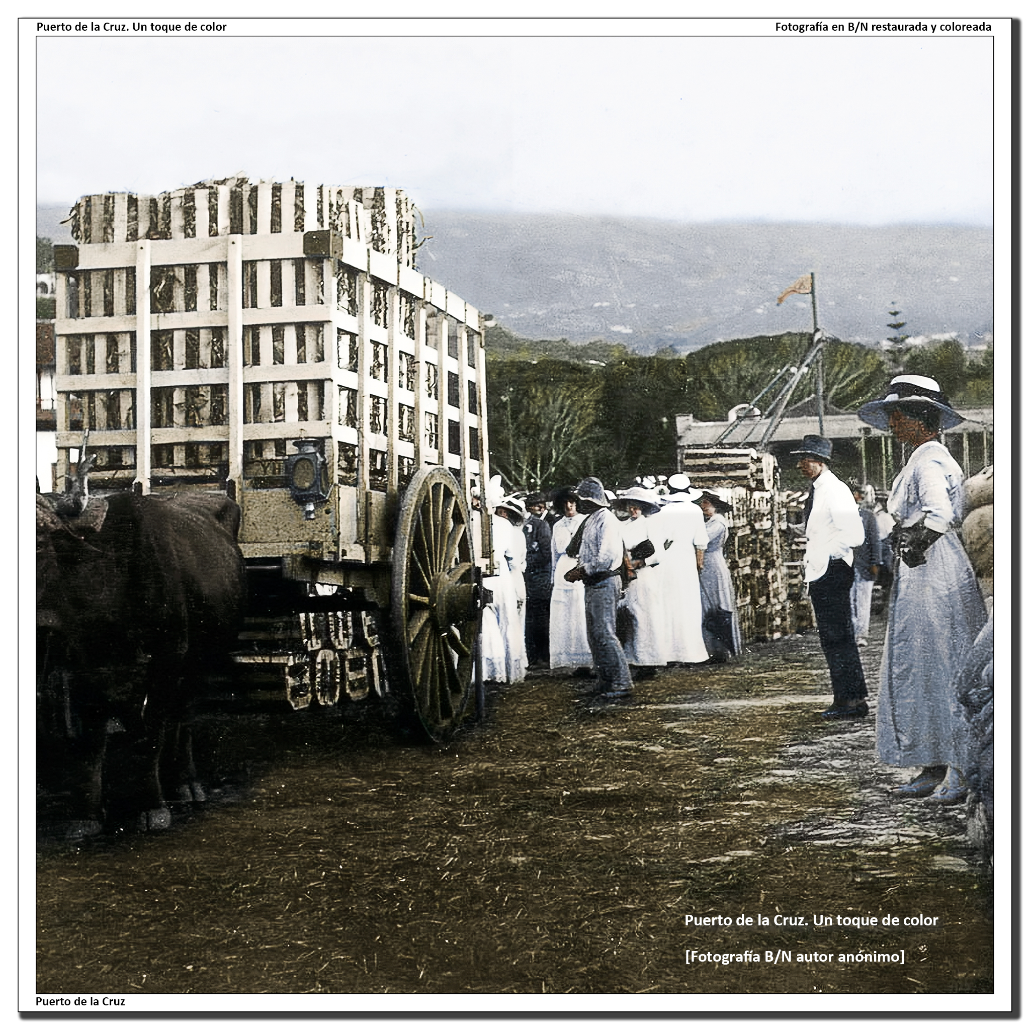 Carreta con huacales en el muelle y turistas – 1914